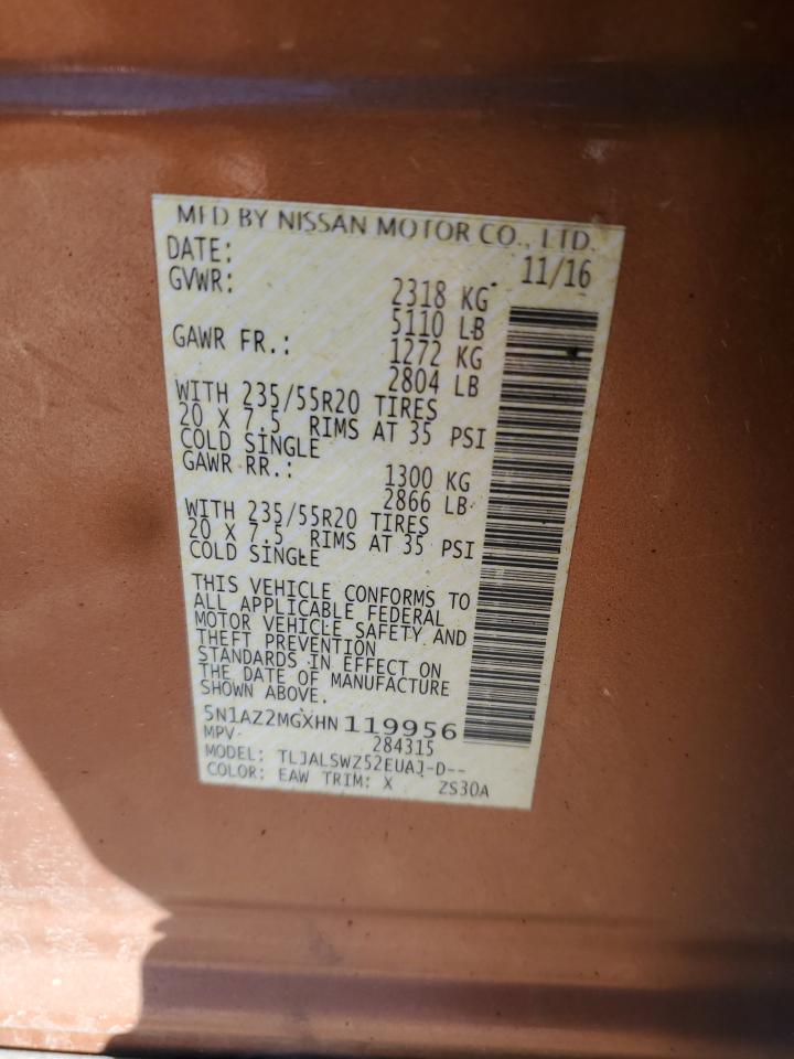 2017 Nissan Murano VIN 5N1AZ2MGXHN119956 Copart auction photo, side / rear end damage thumbnail 13