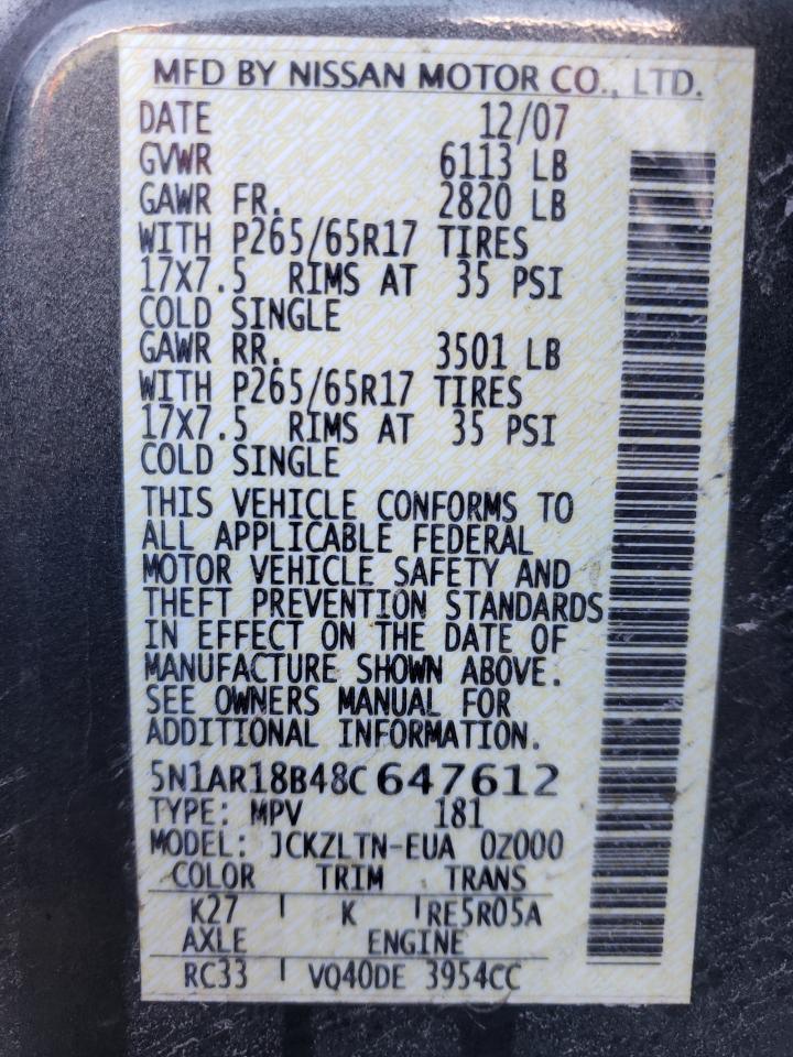 2008 Nissan Pathfinder VIN 5N1AR18B48C647612 Copart auction photo, side / hail damage thumbnail 13