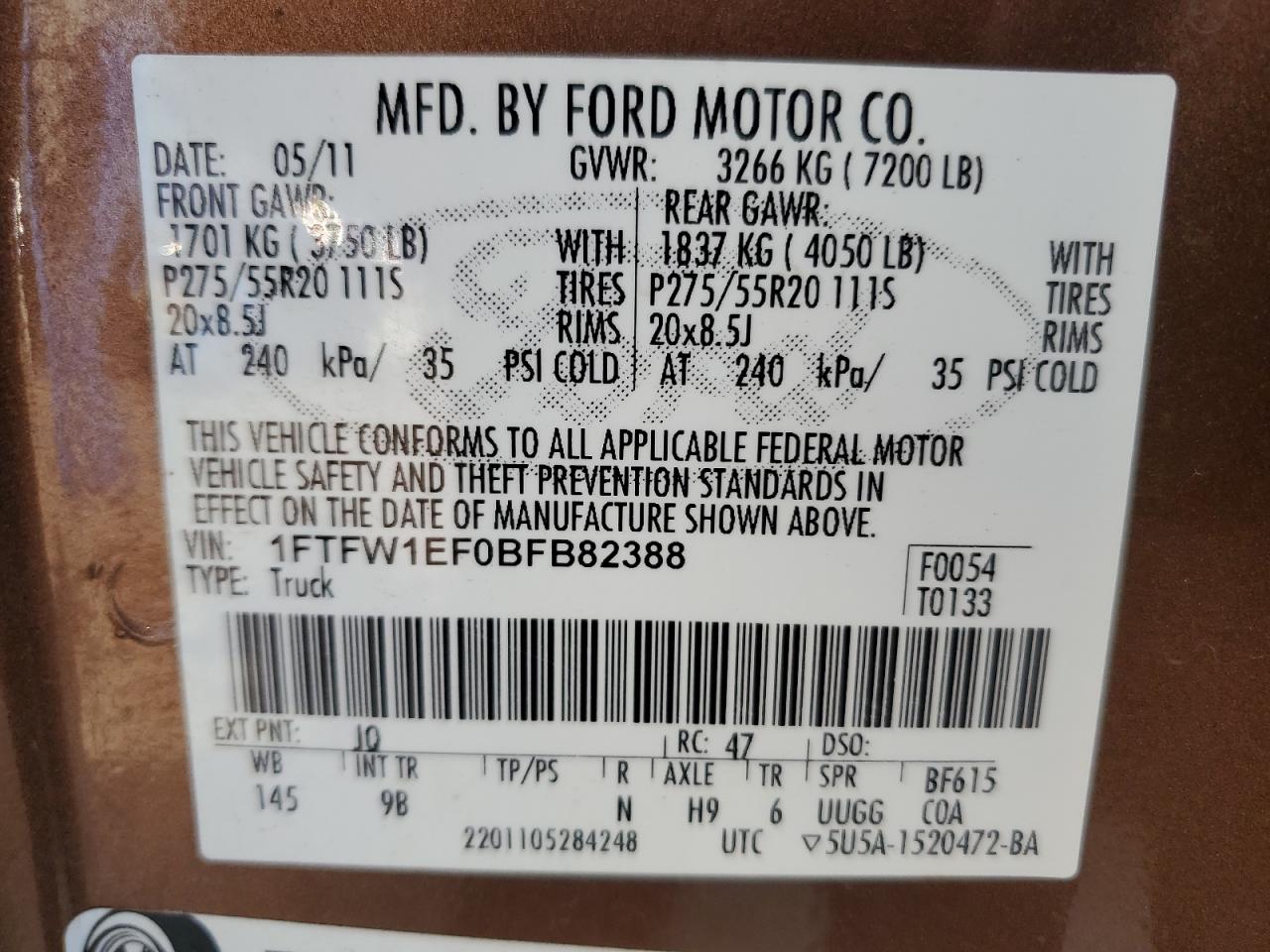 2011 Ford F-150 VIN 1FTFW1EF0BFB82388 Copart auction photo, front end damage thumbnail 12
