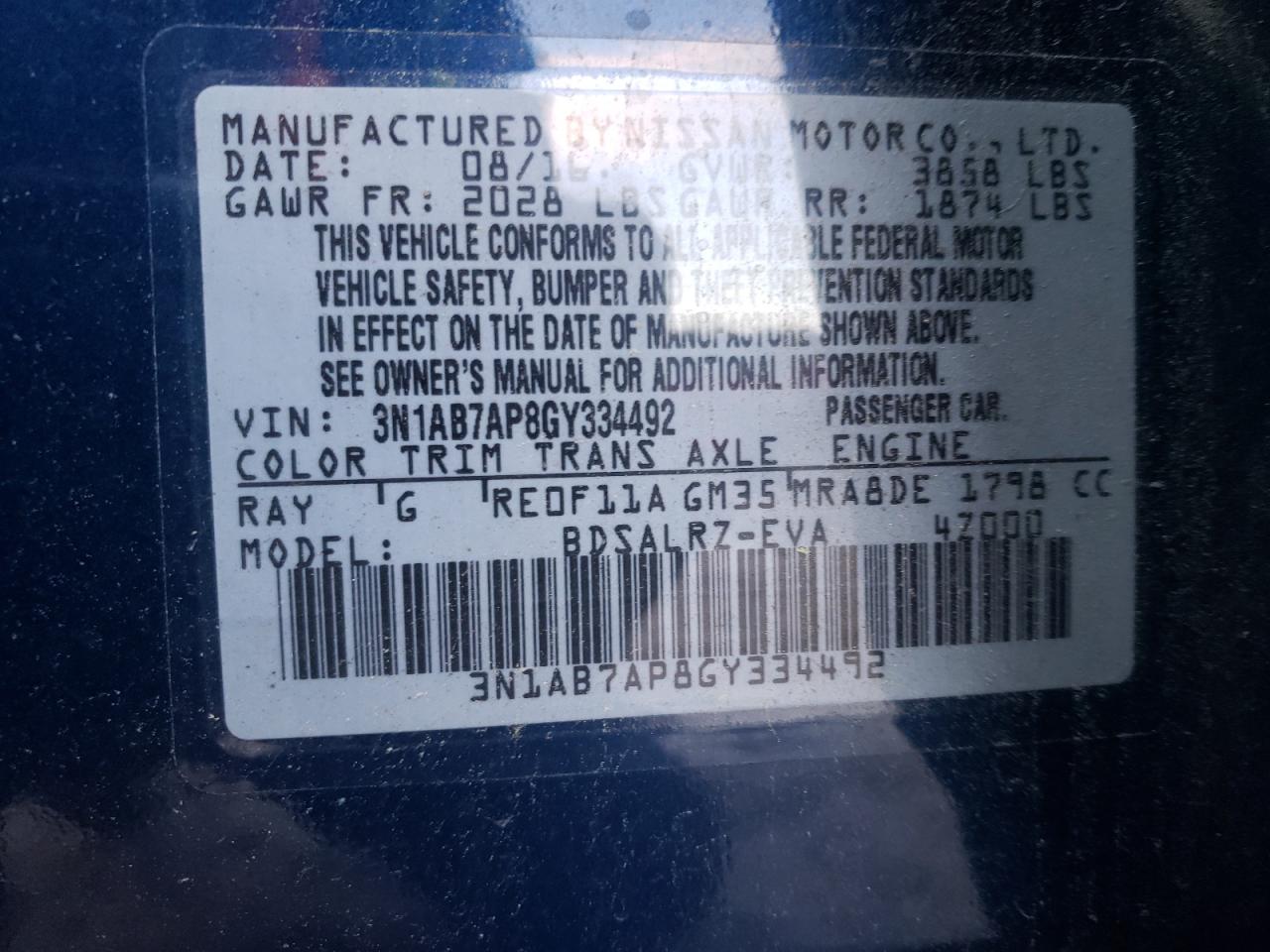 2016 Nissan Sentra VIN 3N1AB7AP8GY334492 Copart auction photo, rear end / side damage thumbnail 12