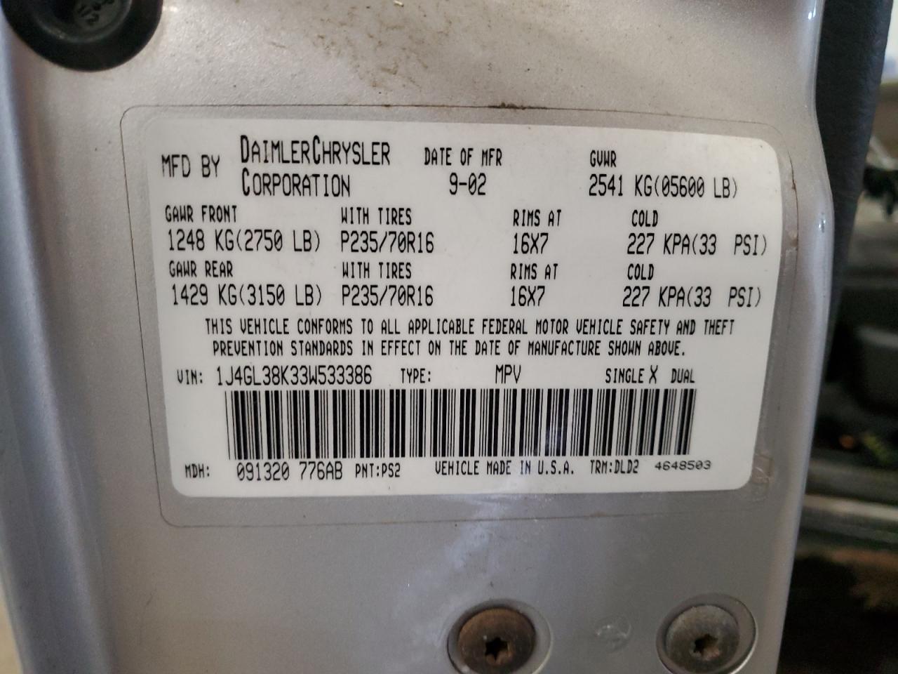 2003 Jeep Liberty (North America) VIN 1J4GL38K33W533386 Copart auction photo, front end / rear end damage thumbnail 13