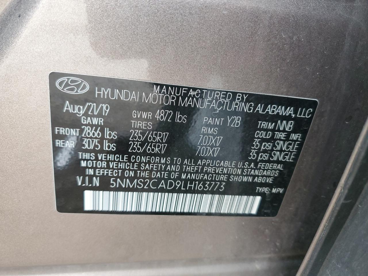 2020 Hyundai Santa Fe VIN 5NMS2CAD9LH163773 Copart auction photo, front end / side damage thumbnail 12