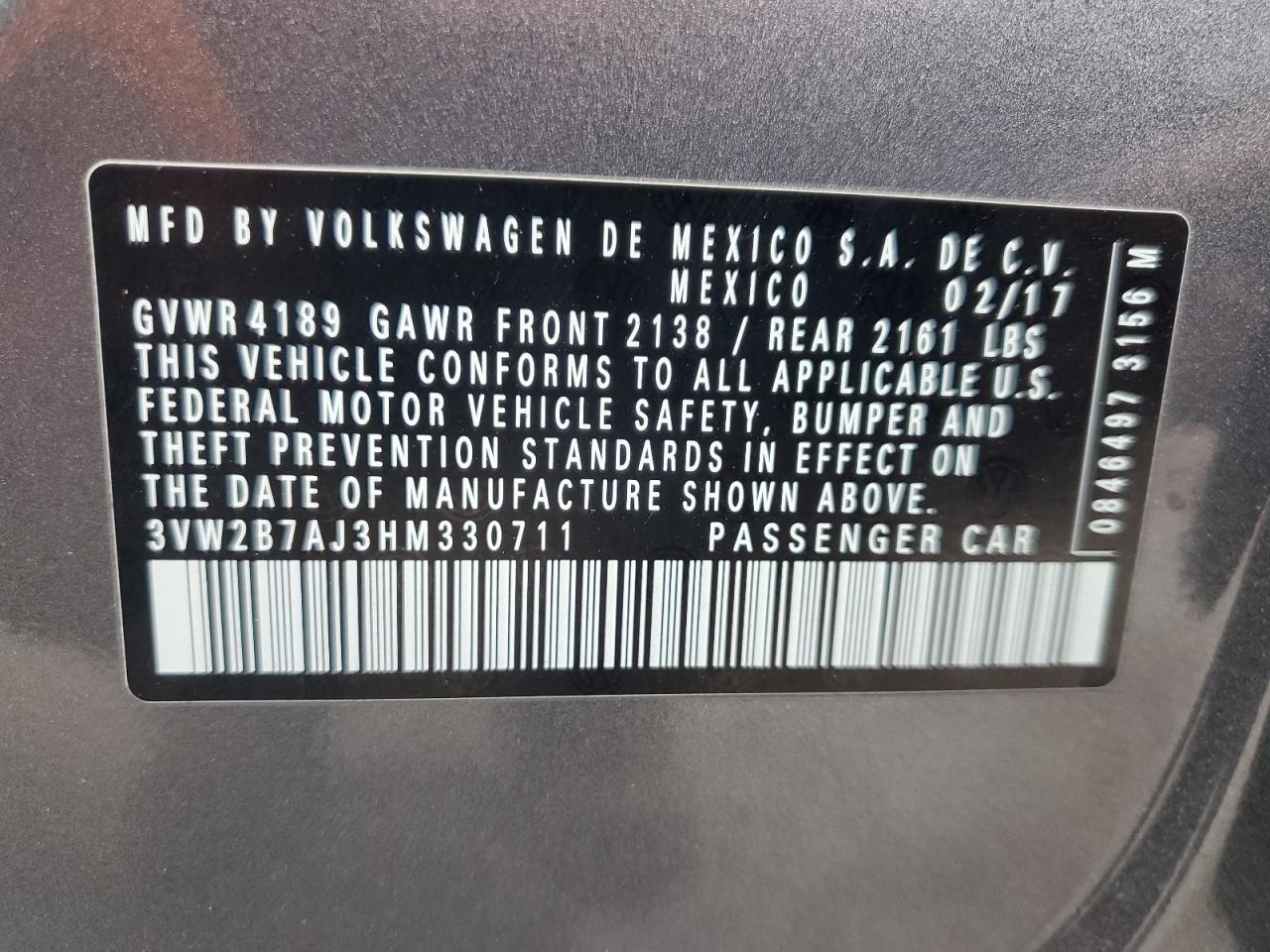 2017 Volkswagen Jetta VIN 3VW2B7AJ3HM330711 Copart auction photo, side / front end damage thumbnail 12
