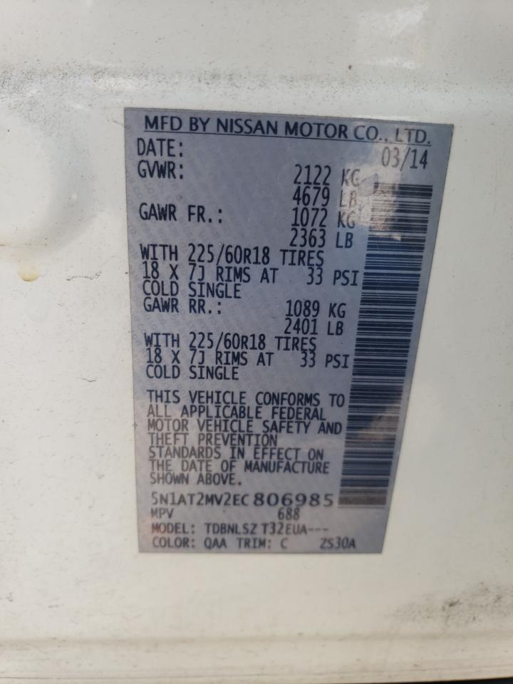 2014 Nissan Rogue VIN 5N1AT2MV2EC806985 Copart auction photo, front end / side damage thumbnail 14