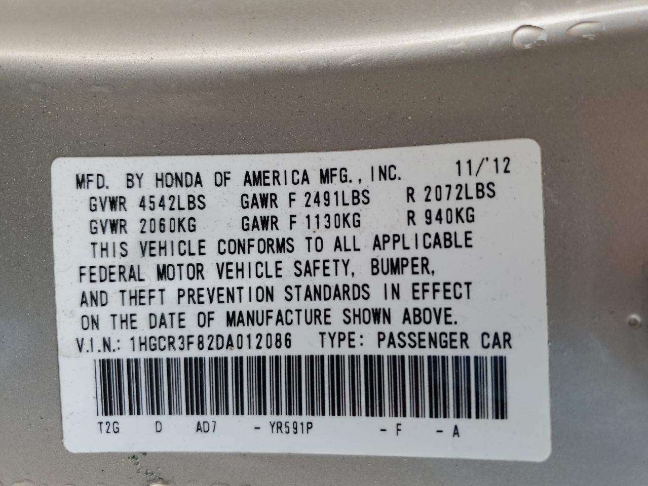 2013 Honda Accord VIN 1HGCR3F82DA012086 Copart auction photo, top/roof / side damage thumbnail 14