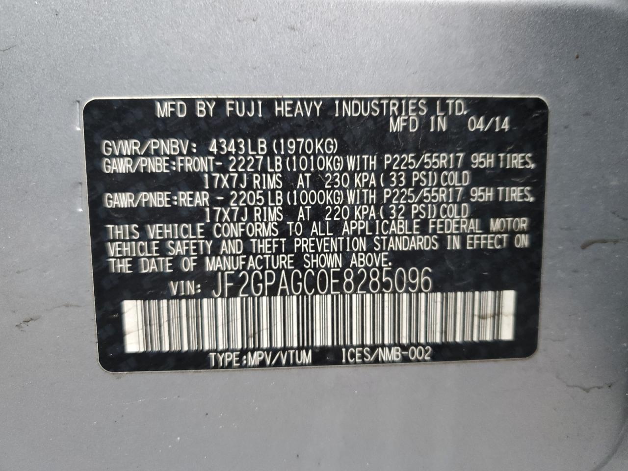 2014 Subaru XV VIN JF2GPAGC0E8285096 Copart auction photo, minor dent/scratches damage thumbnail 14