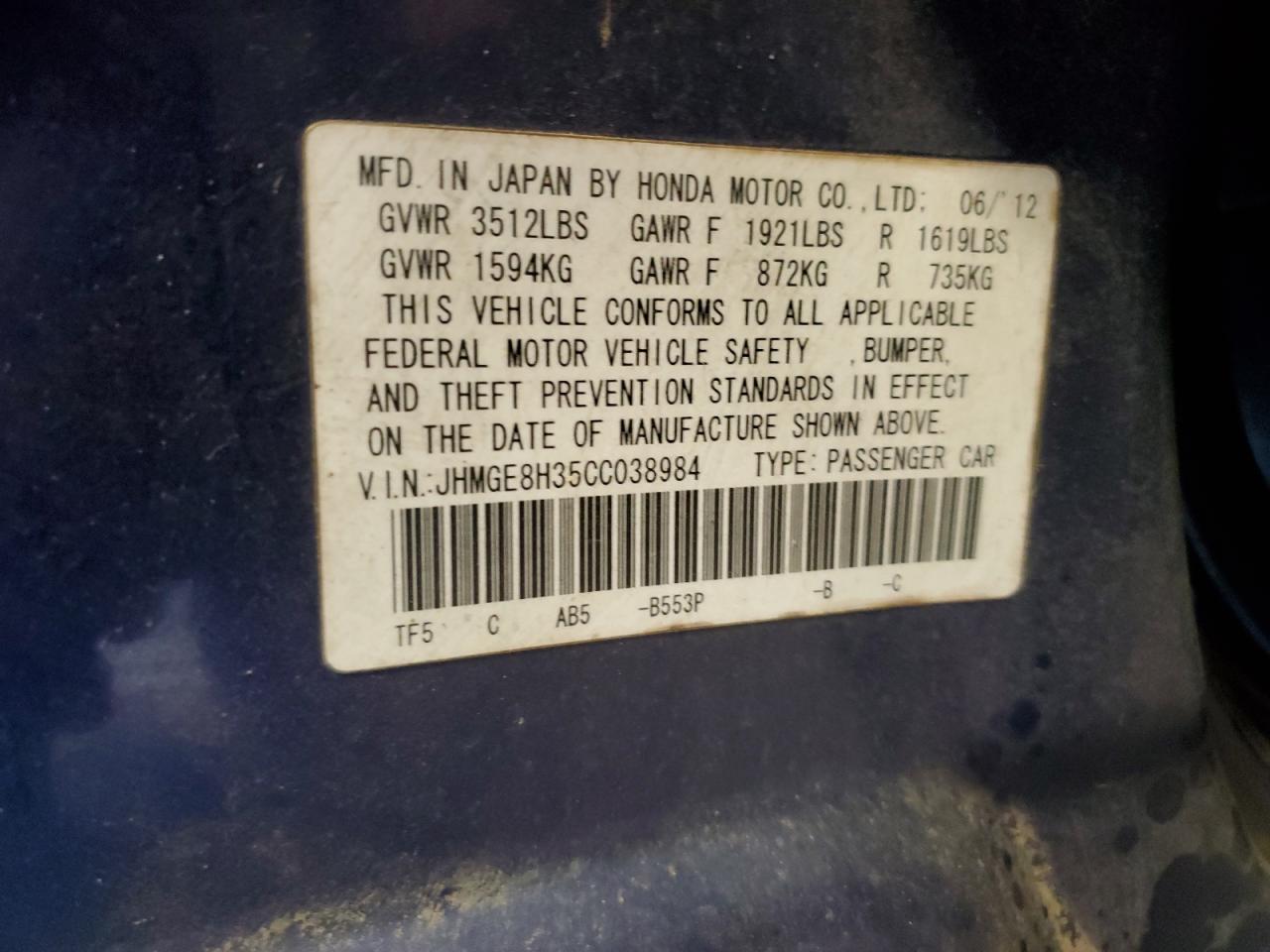 2012 Honda Fit VIN JHMGE8H35CC038984 Copart auction photo, all over damage thumbnail 12