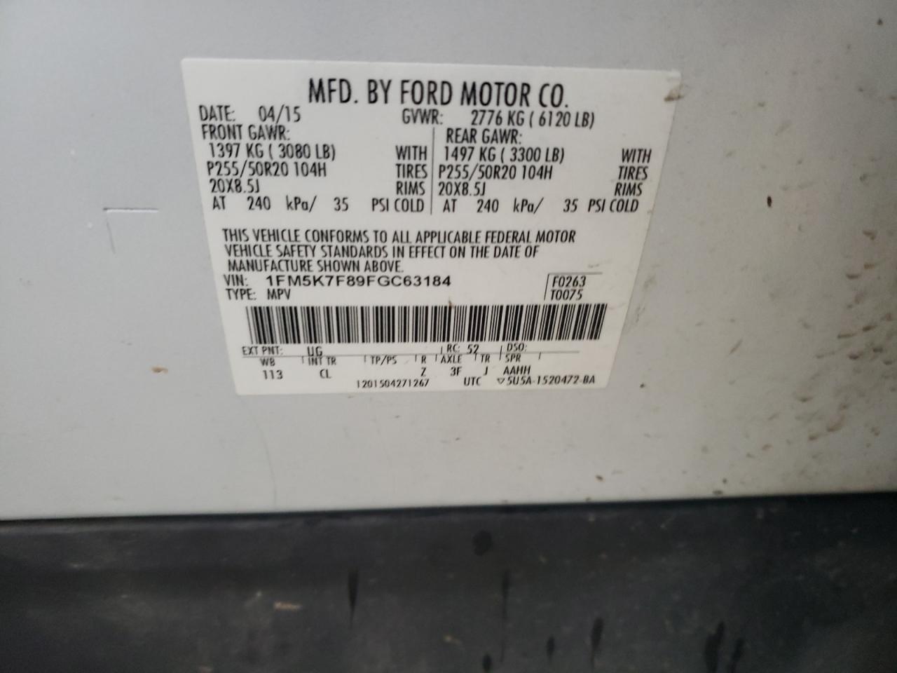 2015 Ford Explorer VIN 1FM5K7F89FGC63184 Copart auction photo, side damage thumbnail 13