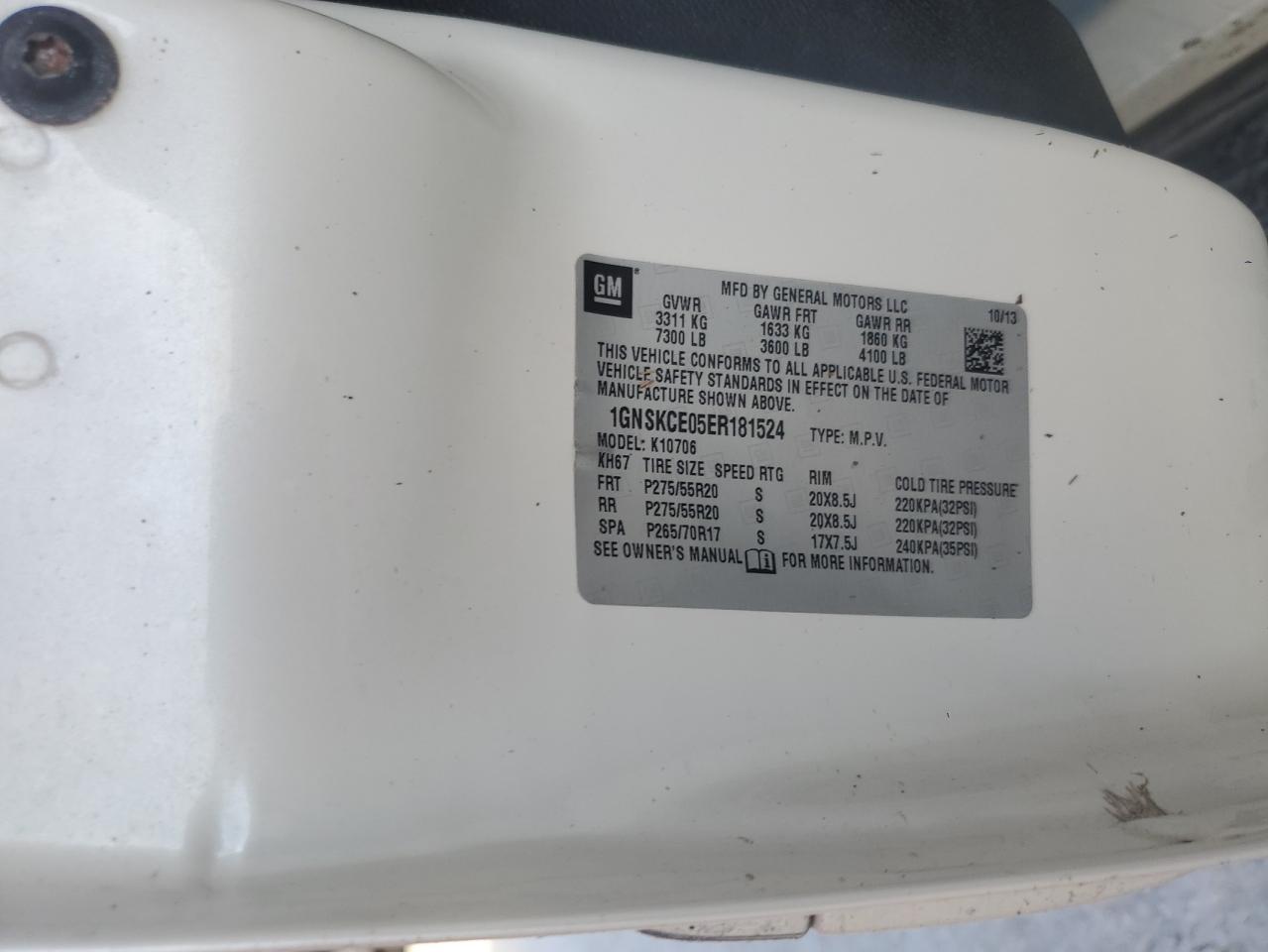 2014 Chevrolet Tahoe VIN 1GNSKCE05ER181524 Copart auction photo, water/flood damage thumbnail 14