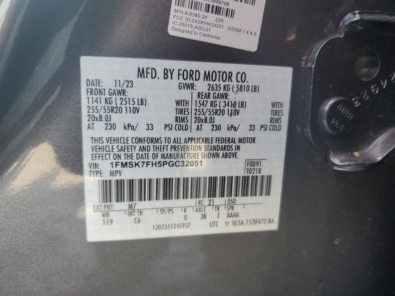 2023 Ford Explorer VIN 1FMSK7FH5PGC32051 Copart auction photo, top/roof damage thumbnail 13