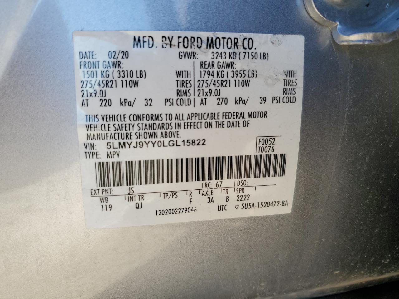 2020 Lincoln Aviator VIN 5LMYJ9YY0LGL15822 Copart auction photo, rear end damage thumbnail 16
