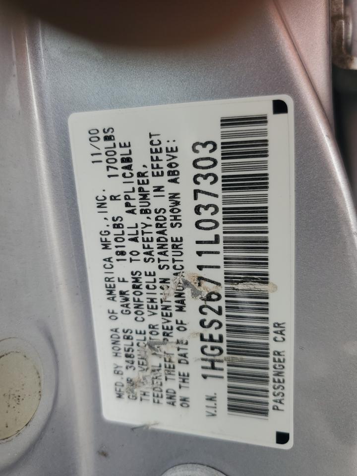 2001 Honda Civic VIN 1HGES26711L037303 Copart auction photo, rear end / side damage thumbnail 12