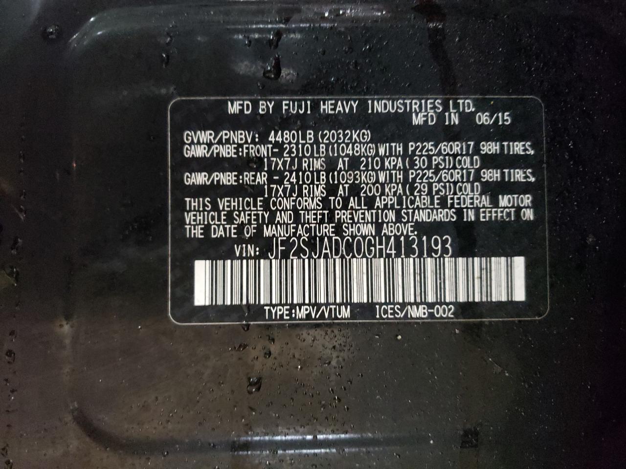 2016 Subaru Forester VIN JF2SJADC0GH413193 Copart auction photo, side damage thumbnail 12