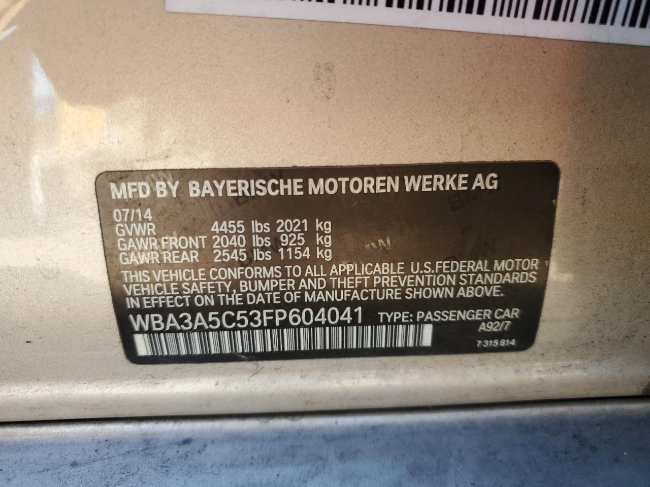 2015 BMW 3er VIN WBA3A5C53FP604041 Copart auction photo, rear end damage thumbnail 12