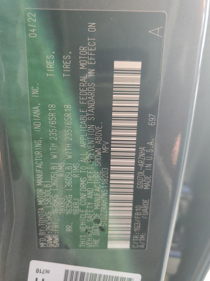 2022 Toyota Highlander VIN 5TDZZRAH7NS118203 Copart auction photo, front end damage thumbnail 14