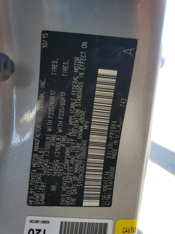 2015 Toyota Sienna VIN 5TDYK3DC7FS666040 Copart auction photo, side / rear end damage thumbnail 15