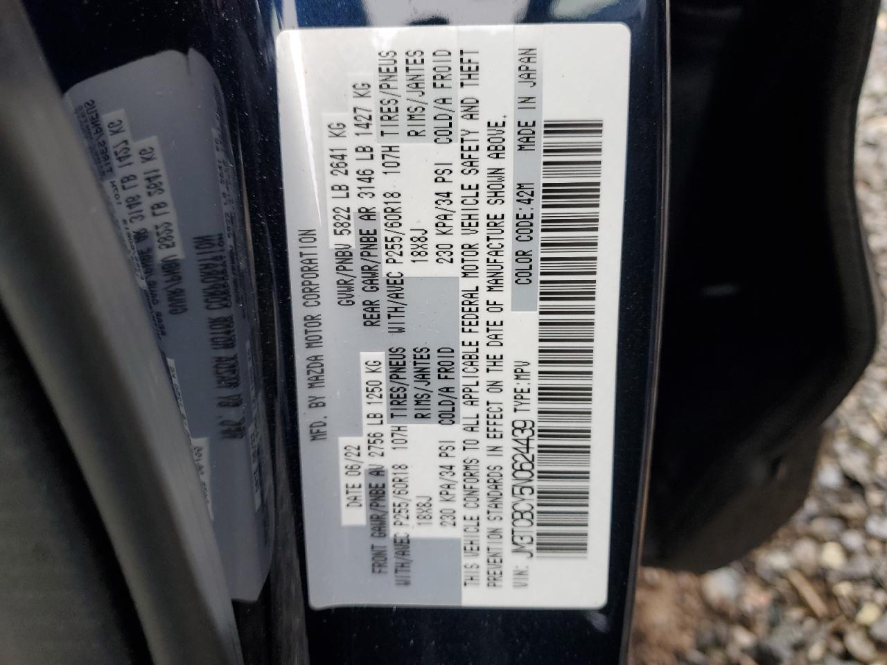 2022 Mazda CX-9 VIN JM3TCBCY5N0624439 Copart auction photo, top/roof damage thumbnail 13