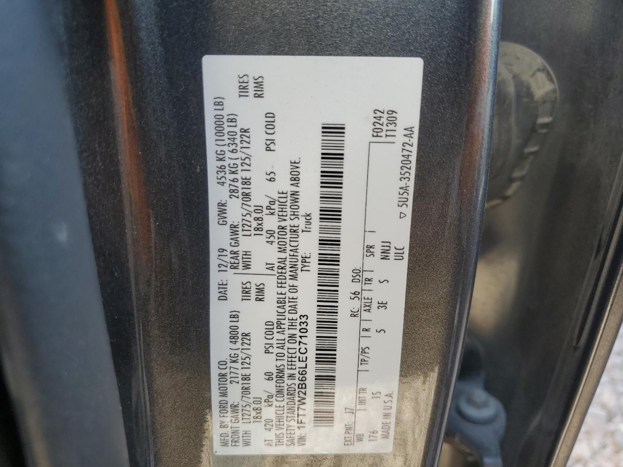 2020 Ford F250 VIN 1FT7W2B66LEC71033 Copart auction photo, all over damage thumbnail 14