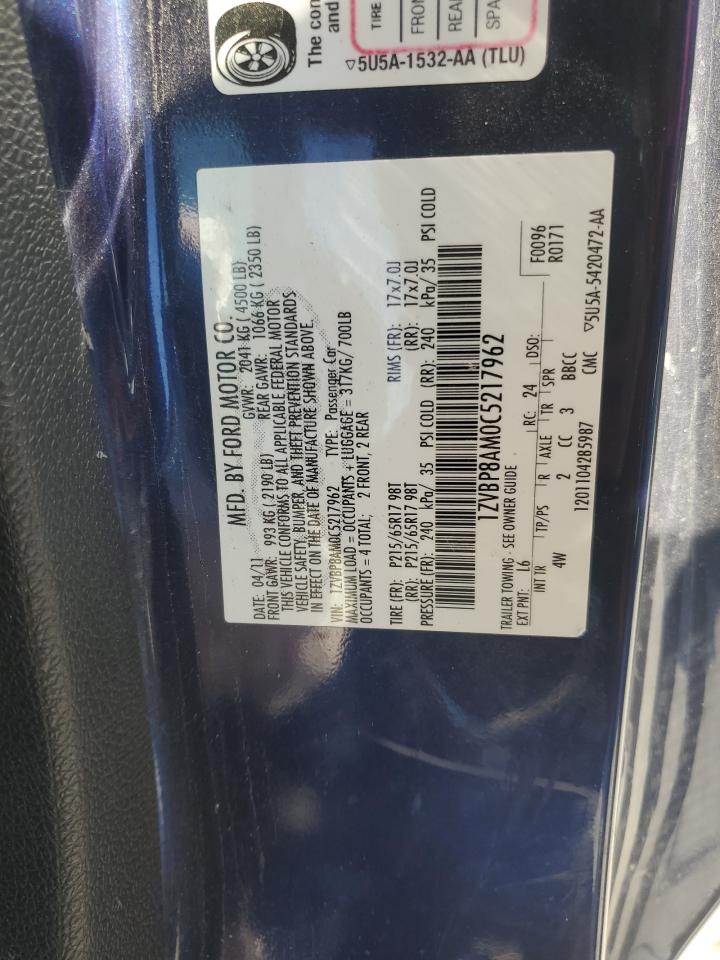 2012 Ford Mustang VIN 1ZVBP8AM0C5217962 Copart auction photo, front end damage thumbnail 13