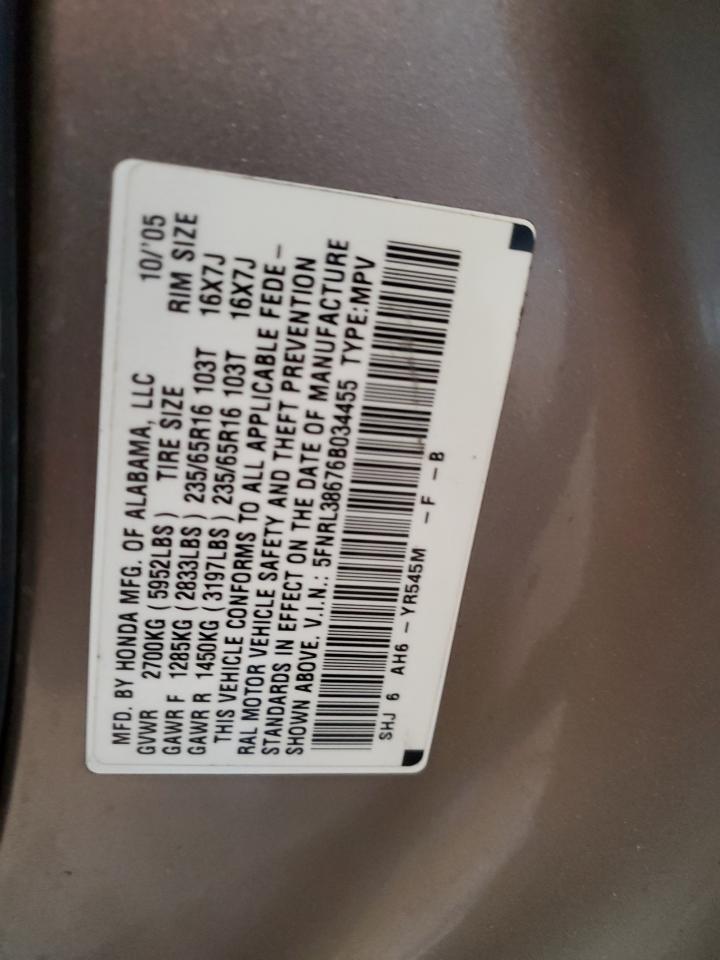 2006 Honda Odyssey VIN 5FNRL38676B034455 Copart auction photo, rear end damage thumbnail 13