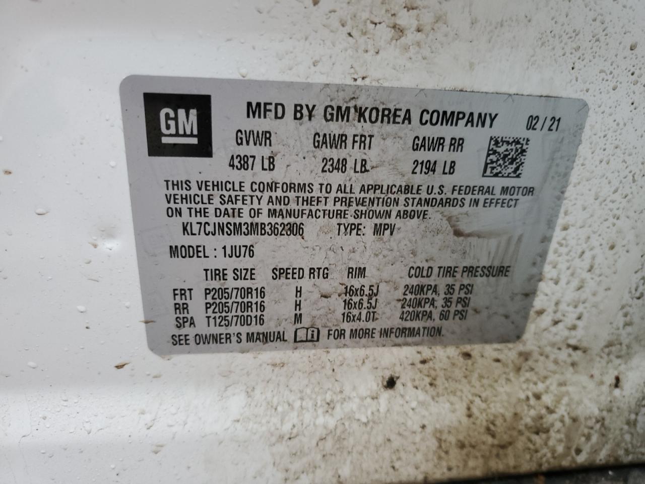 2021 Chevrolet Trax VIN KL7CJNSM3MB362306 Copart auction photo, rear end / side damage thumbnail 13