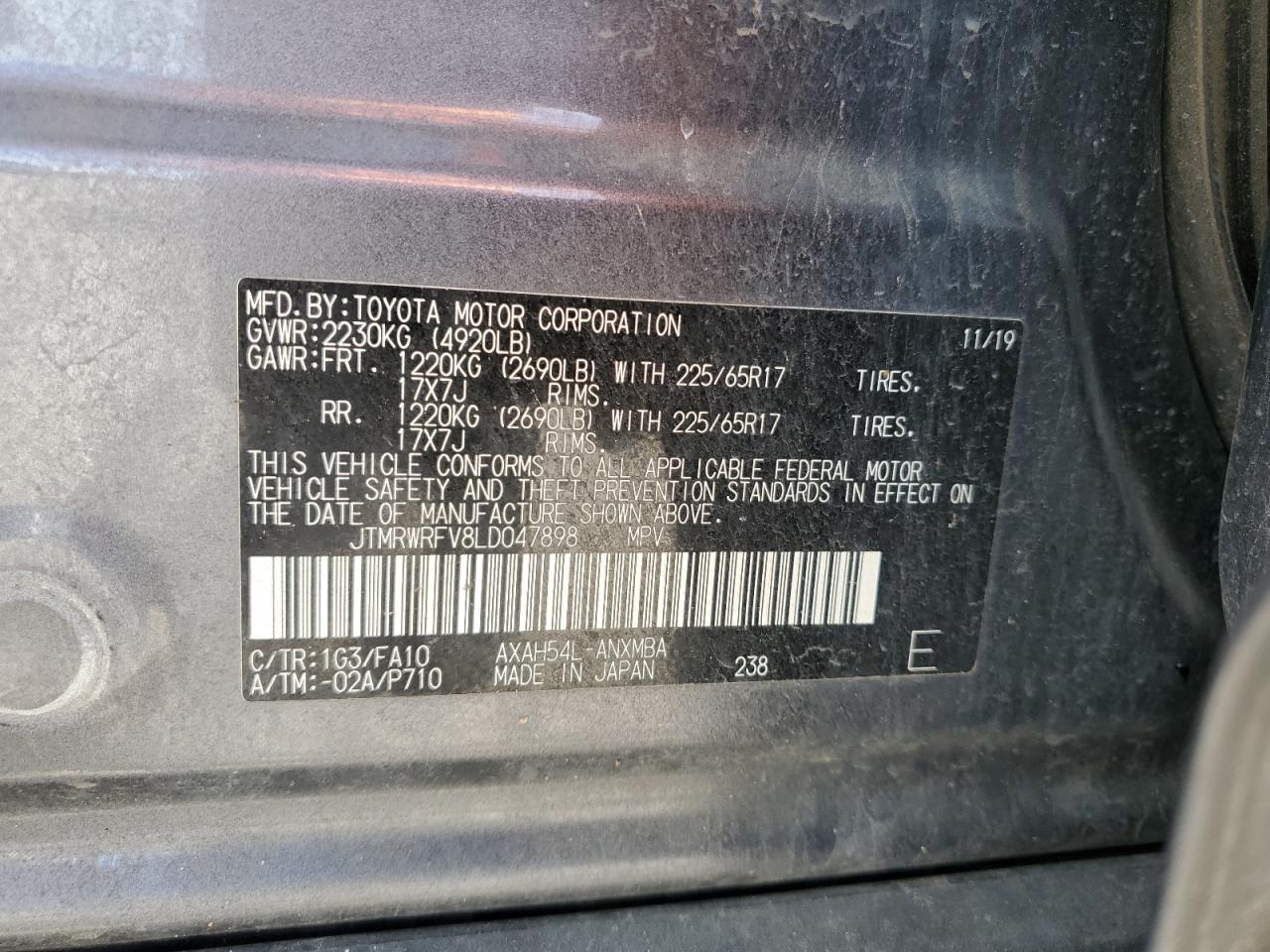 2020 Toyota RAV 4 VIN JTMRWRFV8LD047898 Copart auction photo, front end / side damage thumbnail 14