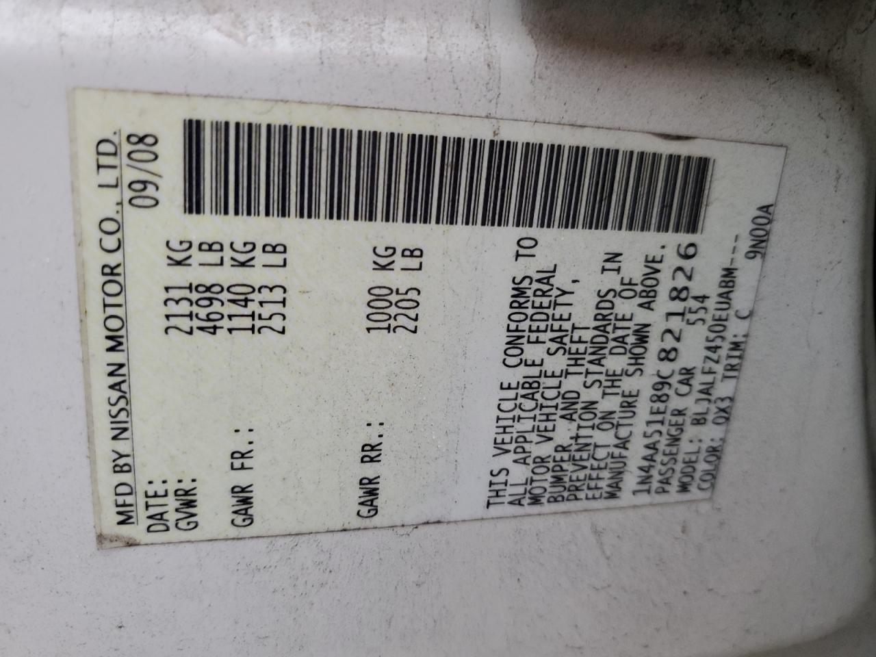 2009 Nissan Maxima VIN 1N4AA51E89C821826 Copart auction photo, front end / side damage thumbnail 13