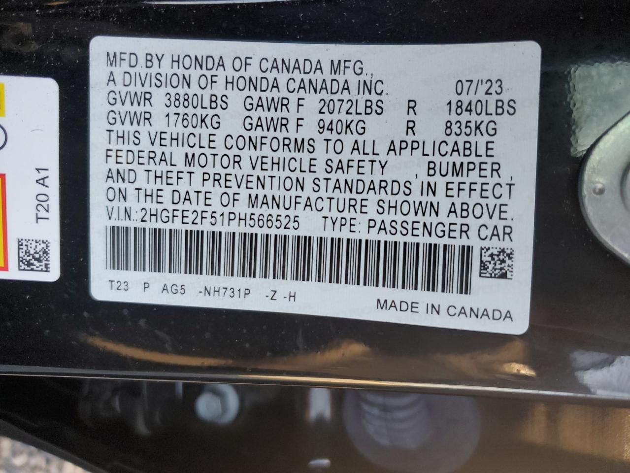 2023 Honda Civic VIN 2HGFE2F51PH566525 Copart auction photo, water/flood damage thumbnail 12