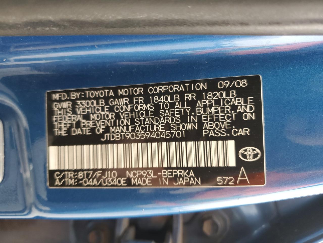 2009 Toyota Yaris VIN JTDBT903594045701 Copart auction photo, vandalism damage thumbnail 12