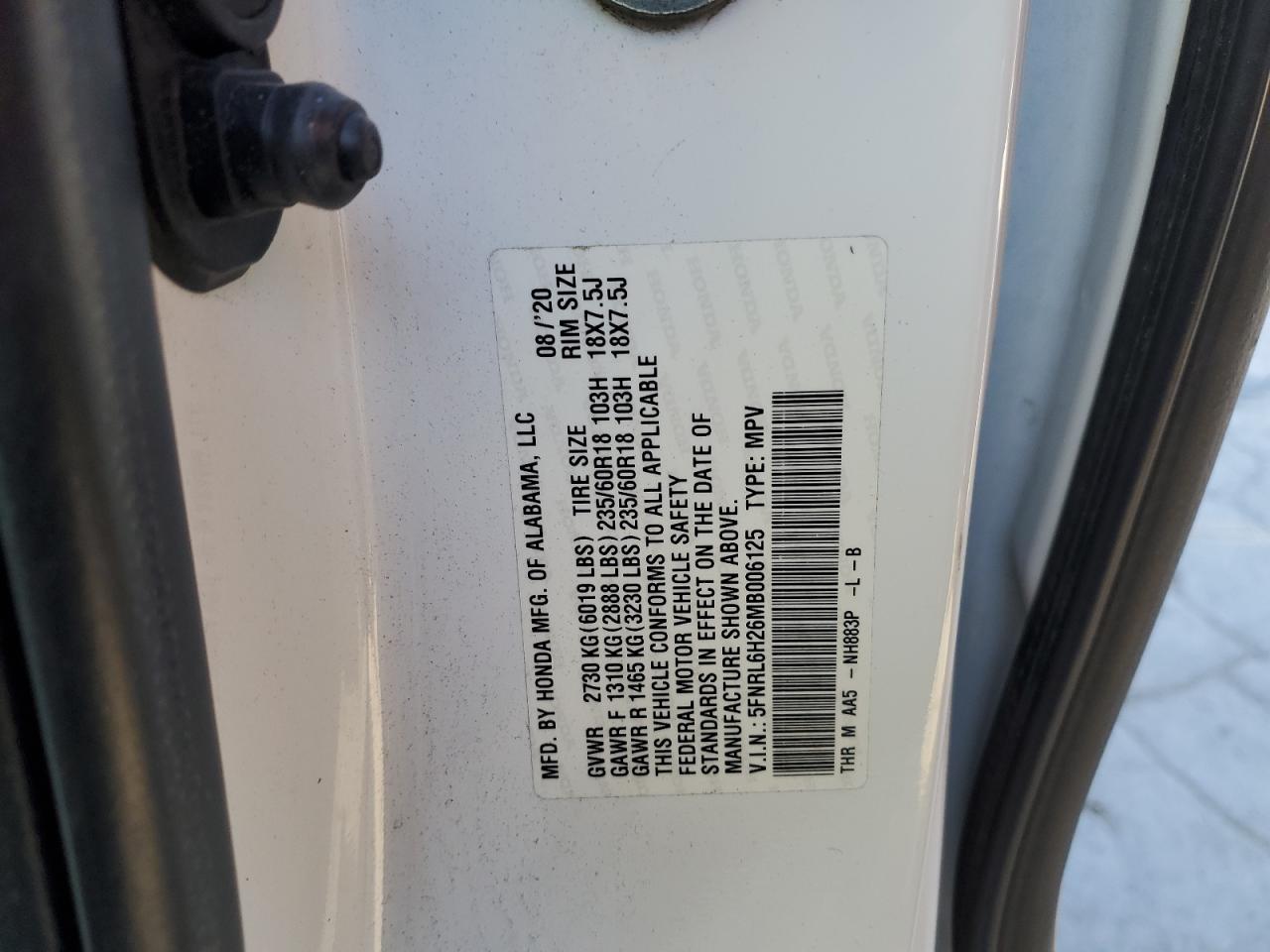 2021 Honda Odyssey VIN 5FNRL6H26MB006125 Copart auction photo, rear end damage thumbnail 15
