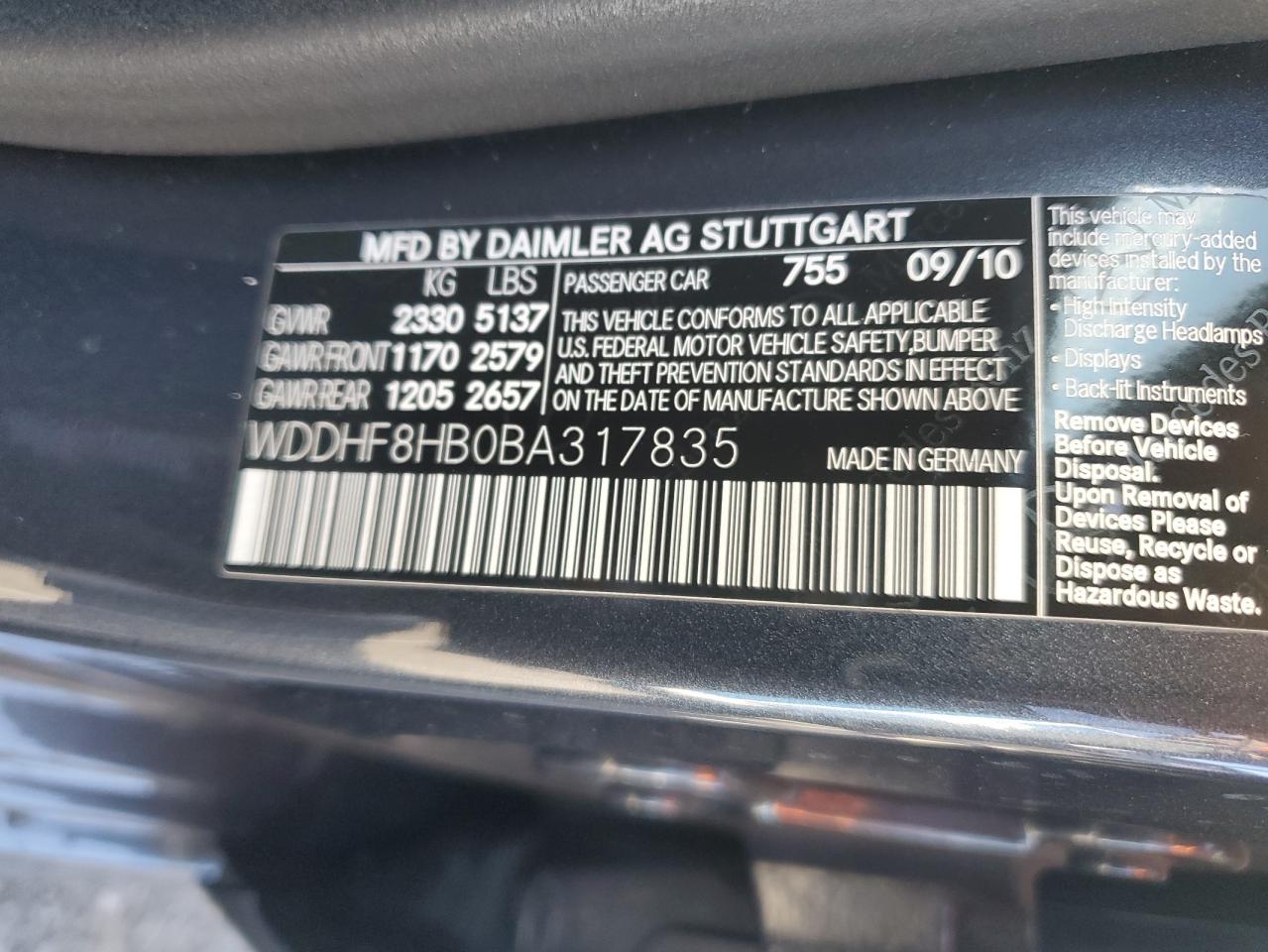 2011 Mercedes-Benz E-klasse VIN WDDHF8HB0BA317835 Copart auction photo, front end damage thumbnail 12