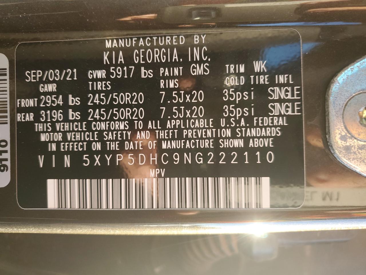 2022 KIA Telluride VIN 5XYP5DHC9NG222110 Copart auction photo, rear end damage thumbnail 13
