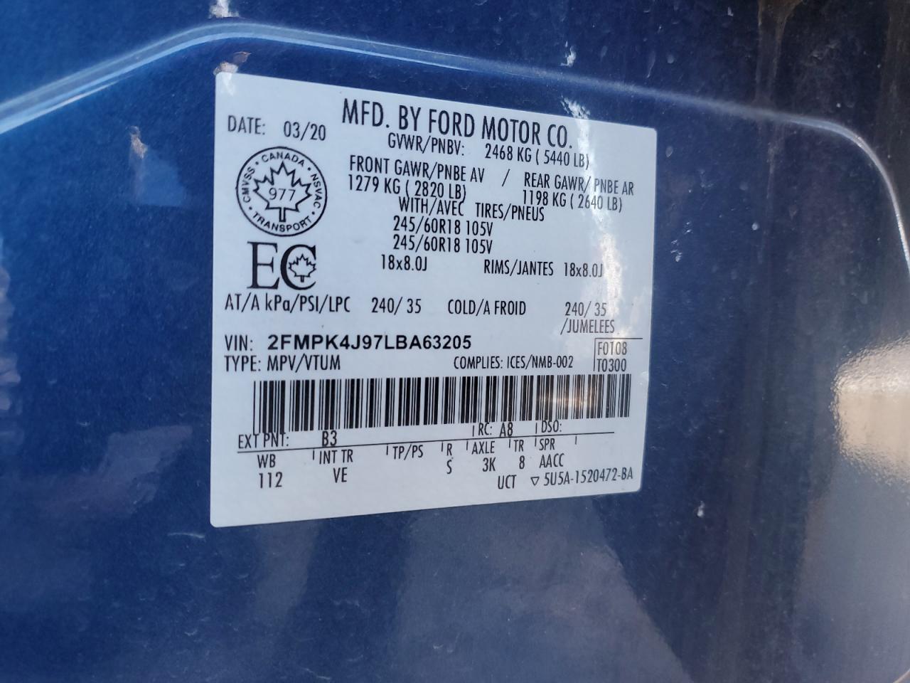 2020 Ford Edge VIN 2FMPK4J97LBA63205 Copart auction photo, side / mechanical damage thumbnail 15
