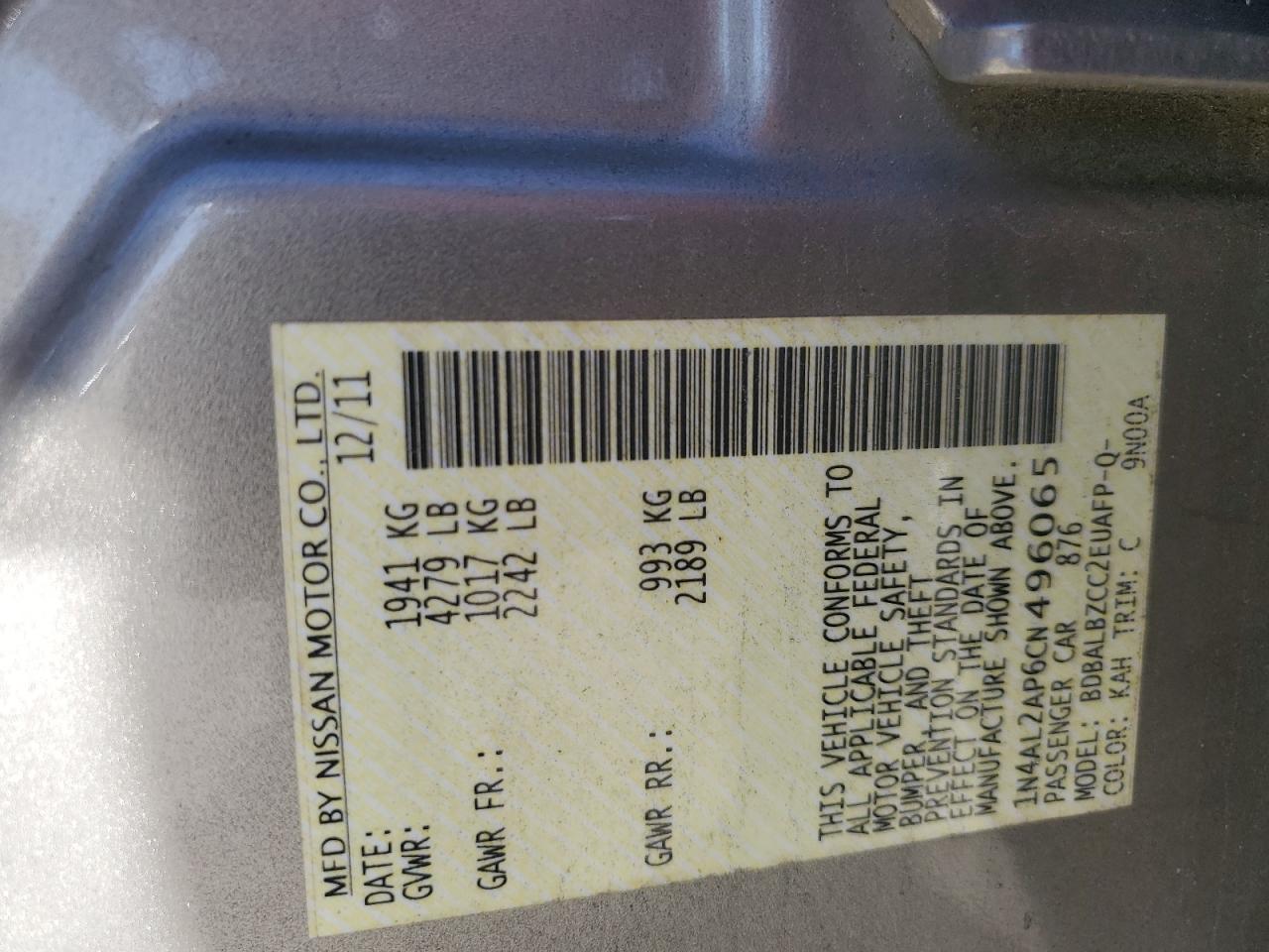 2012 Nissan Altima VIN 1N4AL2AP6CN496065 Copart auction photo, front end damage thumbnail 14