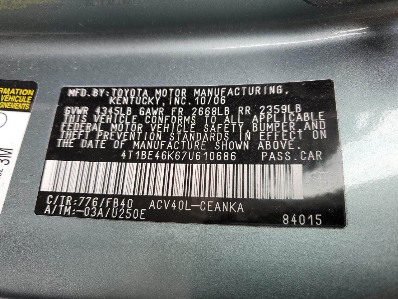 2007 Toyota Camry VIN 4T1BE46K67U610686 Copart auction photo, front end / top/roof damage thumbnail 12