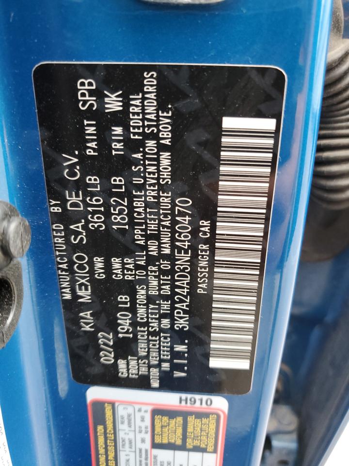 2022 KIA Rio VIN 3KPA24AD3NE460470 Copart auction photo, rear end damage thumbnail 12