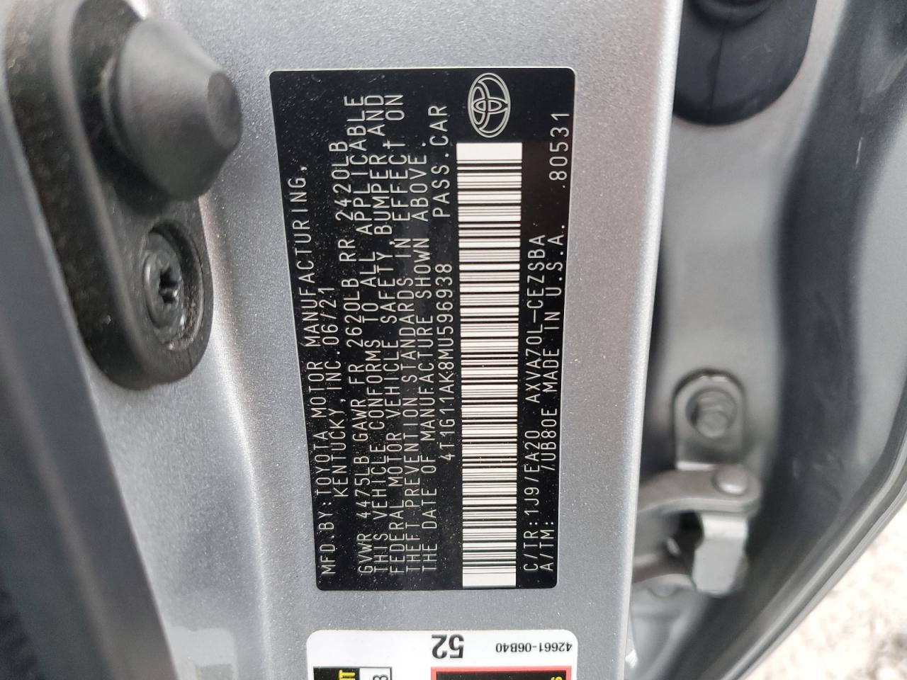 2021 Toyota Camry VIN 4T1G11AK8MU596938 Copart auction photo, rear end / side damage thumbnail 12