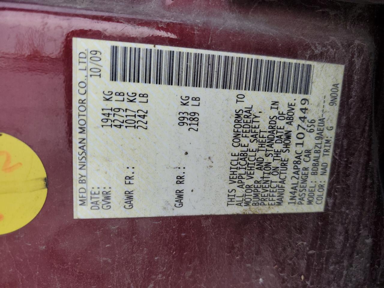 2010 Nissan Altima VIN 1N4AL2AP8AC107449 Copart auction photo, burn damage thumbnail 12