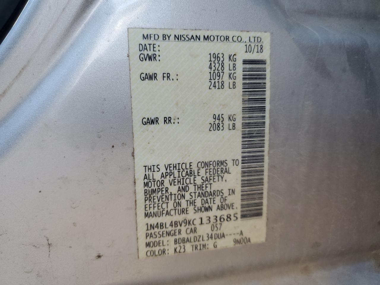 2019 Nissan Altima VIN 1N4BL4BV9KC133685 Copart auction photo, front end damage thumbnail 14