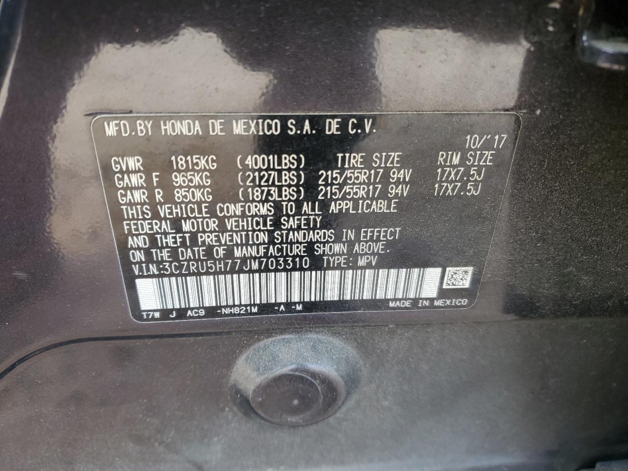 2018 Honda HR-V VIN 3CZRU5H77JM703310 Copart auction photo, front end / side damage thumbnail 13