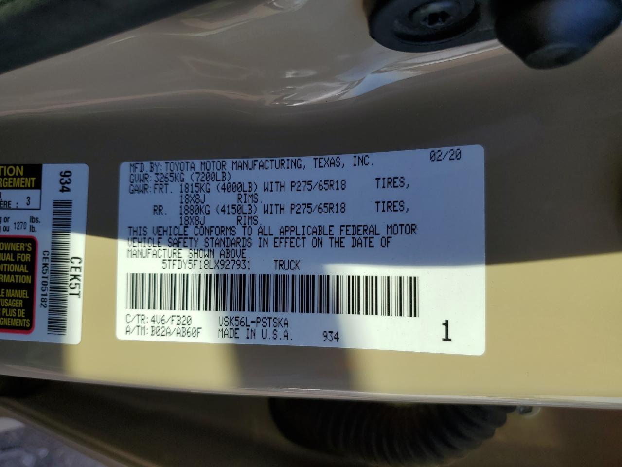 2020 Toyota Tundra VIN 5TFDY5F18LX927931 Copart auction photo, rear end damage thumbnail 12