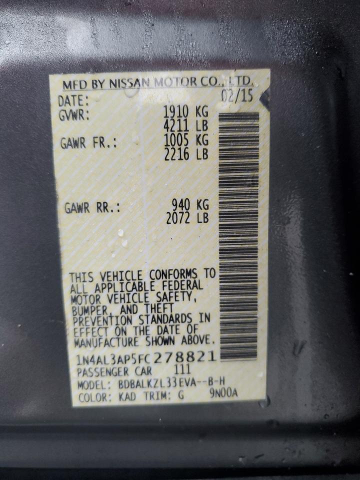 2015 Nissan Altima VIN 1N4AL3AP5FC278821 Copart auction photo, rear end / side damage thumbnail 12