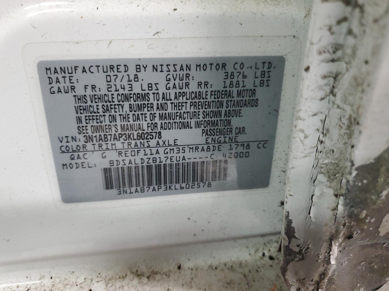 2019 Nissan Sentra VIN 3N1AB7AP3KL602578 Copart auction photo, front end / side damage thumbnail 14