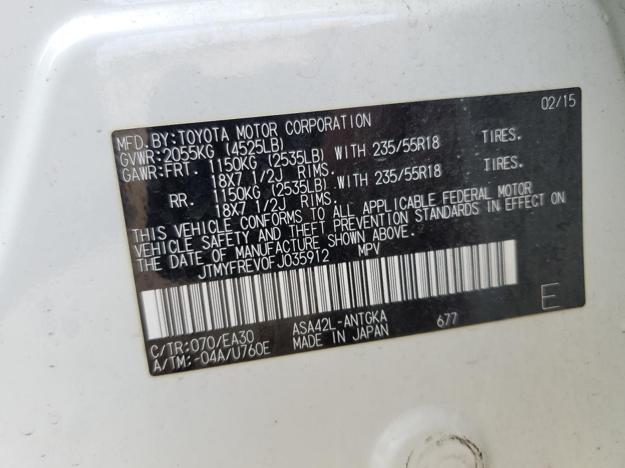 2015 Toyota RAV 4 VIN JTMYFREV0FJ035912 Copart auction photo, front end damage thumbnail 13