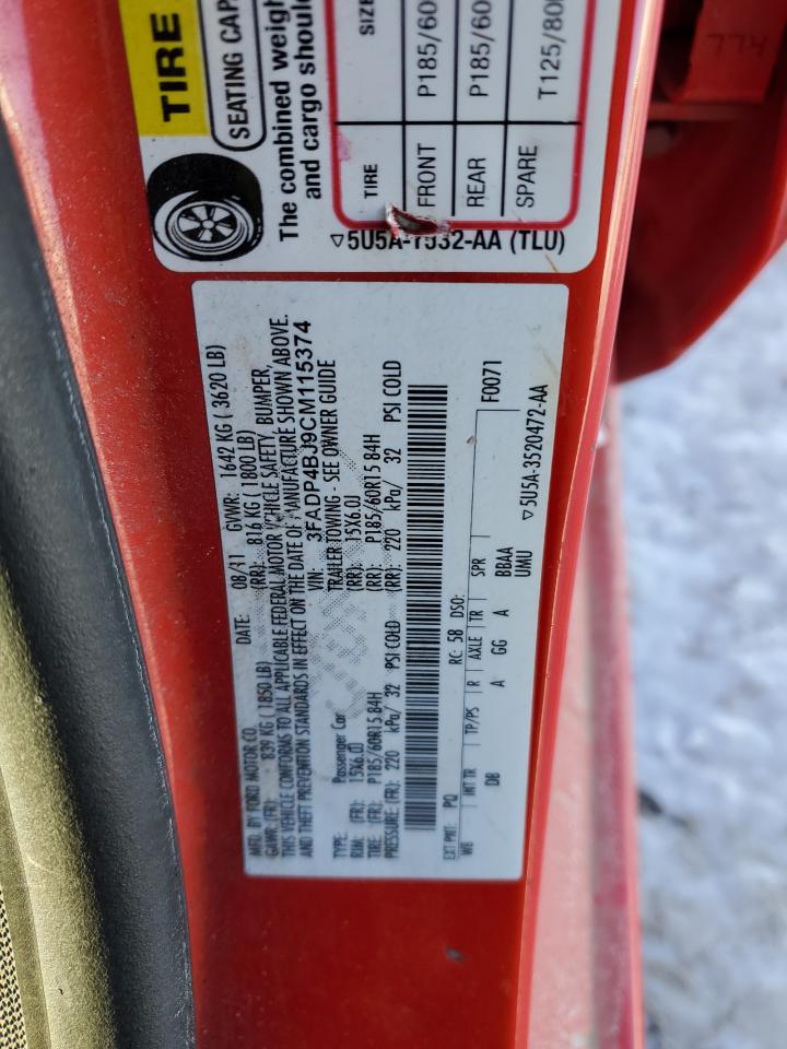 2012 Ford Fiesta VIN 3FADP4BJ9CM115374 Copart auction photo, rear end / side damage thumbnail 12