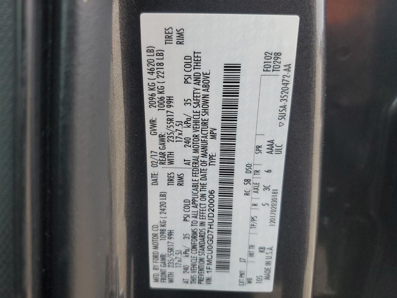 2017 Ford Escape VIN 1FMCU0GD7HUD20006 Copart auction photo, rear end damage thumbnail 13