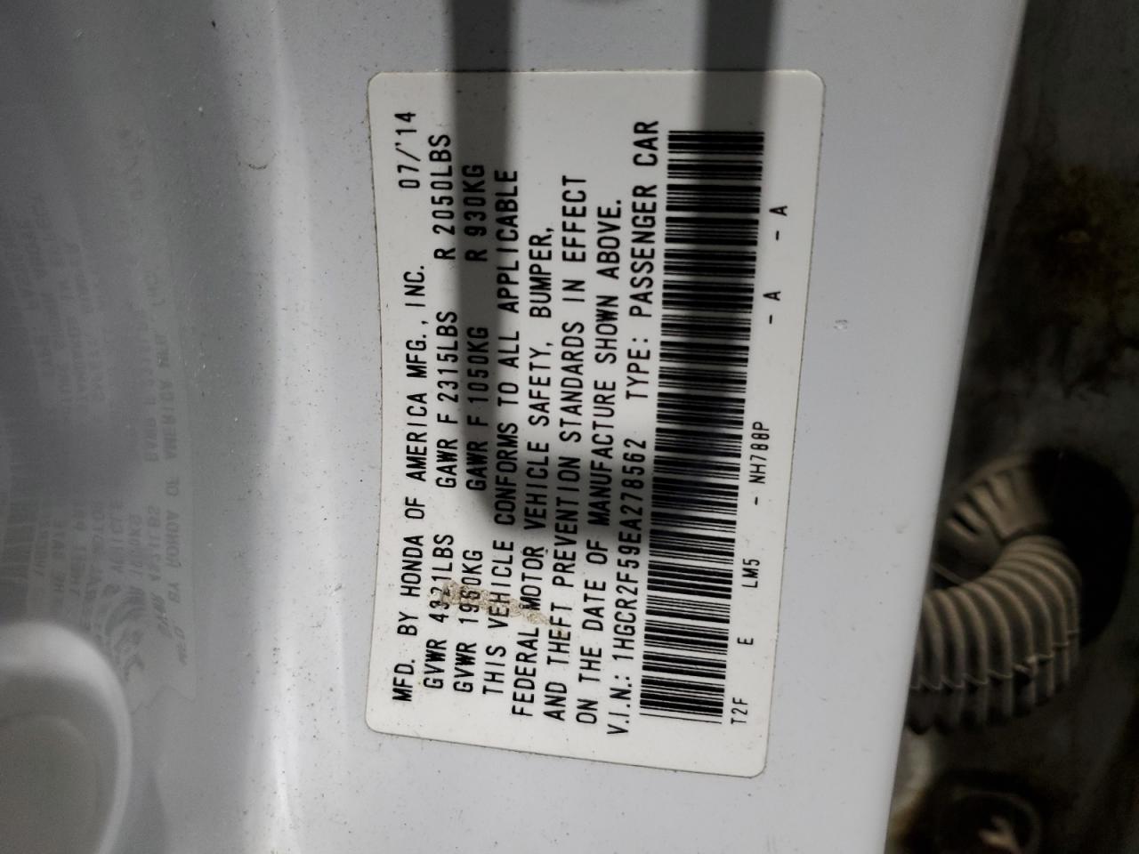 2014 Honda Accord VIN 1HGCR2F59EA278562 Copart auction photo, front end / minor dent/scratches damage thumbnail 13