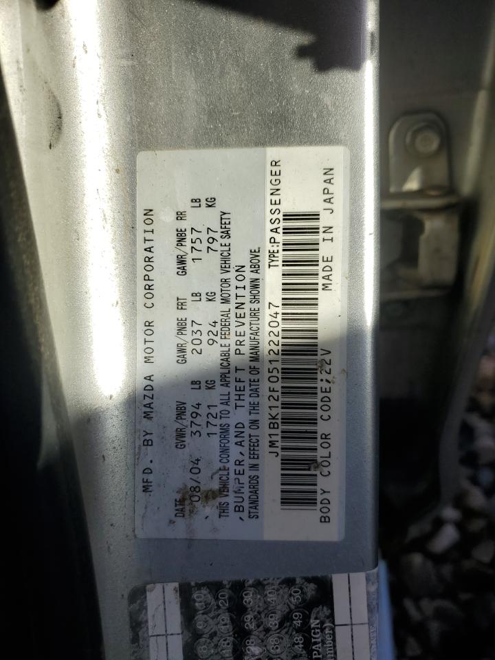 2005 Mazda 3 VIN JM1BK12F051222047 Copart auction photo, rear end / front end damage thumbnail 13