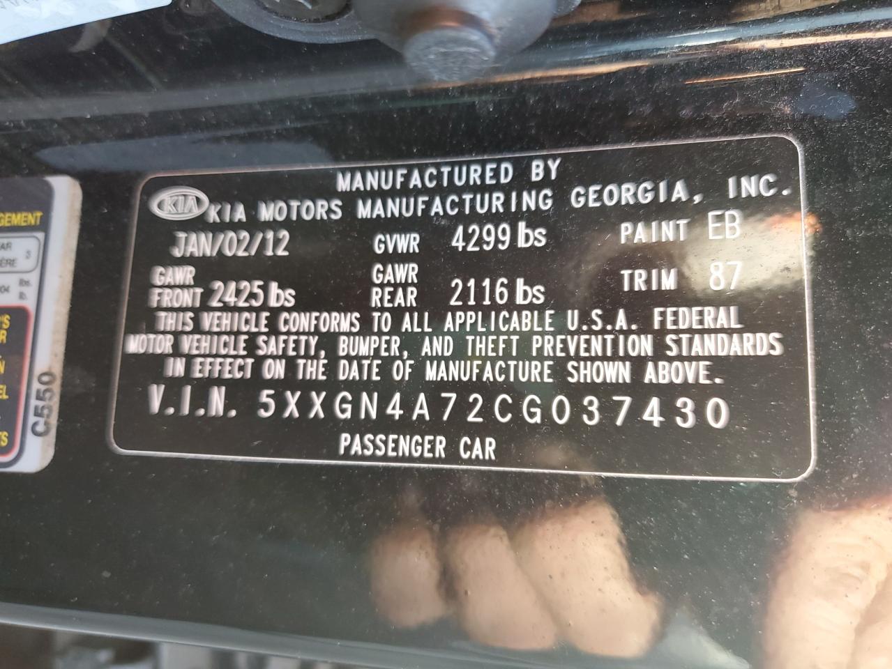 2012 KIA Optima VIN 5XXGN4A72CG037430 Copart auction photo, rear end damage thumbnail 13