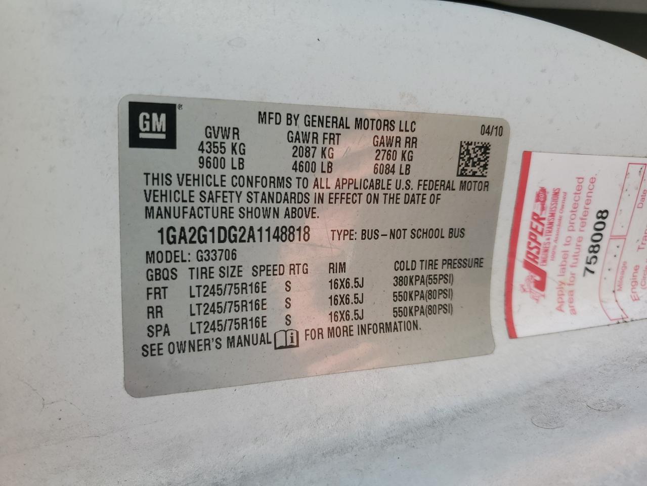 2010 Chevrolet Express VIN 1GA2G1DG2A1148818 Copart auction photo, all over damage thumbnail 15